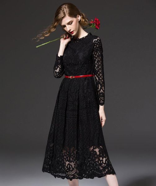 

casual dresses autumn elegant floral lace long sleeve fashion hollow out party evening runway dress vestidos, Black;gray