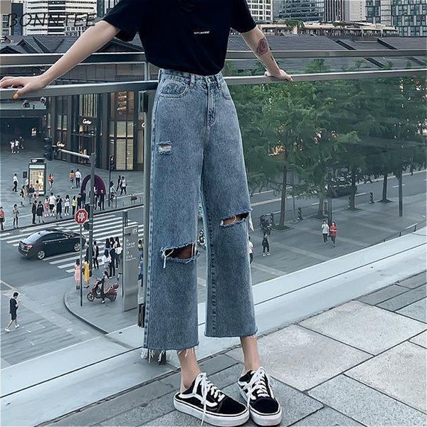 

high waist summer fall women jean bf style harajuku hole teens streetwear basic wide leg womens ankle length trouser, Blue