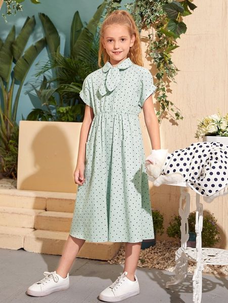 

girls tie neck patch pocket polka dot dress she, Red;yellow