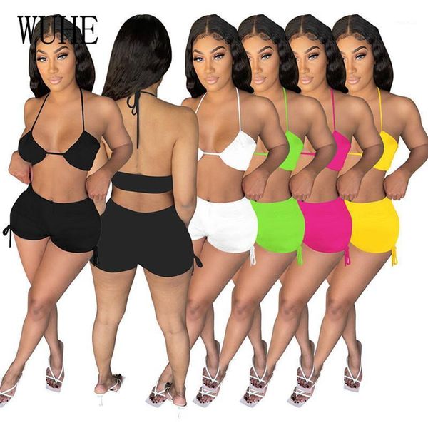 

women's tracksuits yeya nightclub two piece sets halter sleeveless off shoulder open back lace up short pants summer women party su, Gray
