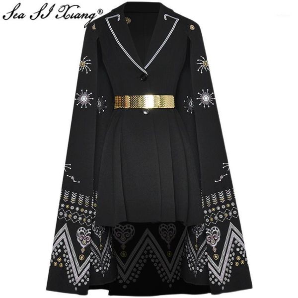 

seasixiang fashion designer spring dress women's turn-down collar cloak sleeves embroidery sashes vintage dresses casual, Black;gray