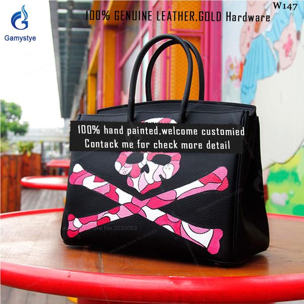 

women fashion bags bolsas de luxo graffiti pink skull rock handbags designer handbags 100% genuine togo leather bk, Black;red