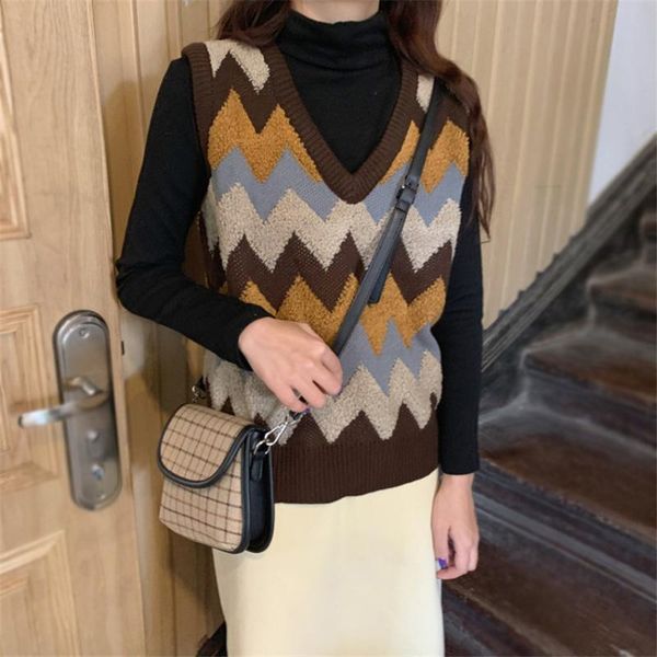 

autumn winter vintage striped sweater vest women v-neck knitted vestes femme sleeveless waistcoat streetwear chalecos para mujer, Black;white