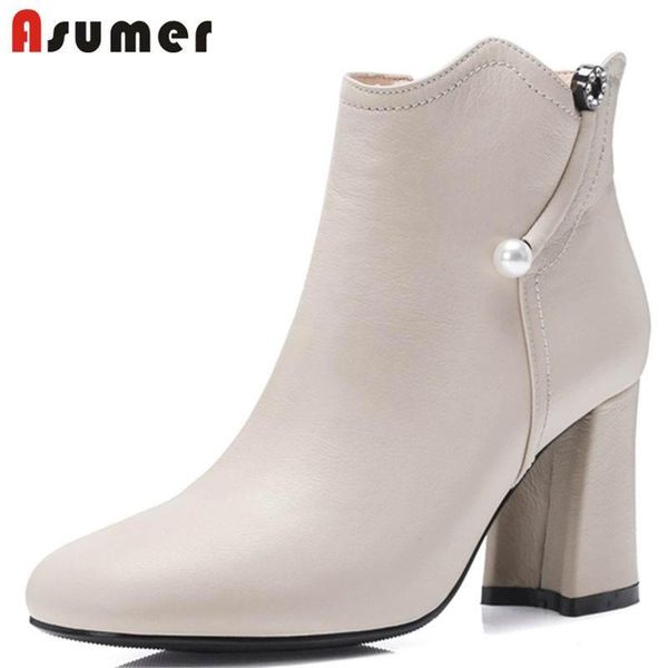 

boots asumer plus size 32-43 2021 fashion rhinstone genuine leather round toe ankle for women zipper winter, Black