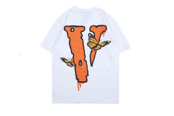 

fashion men's brand v butterfly large letter printed short sleeve t-shirt men's and women's hip hop, White;black