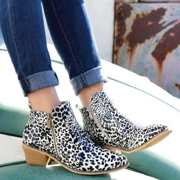 

boots woman vintage leopard low heels women retro pu leather ankle 2021 women's zip ladies shoes female short plus size 43, Black