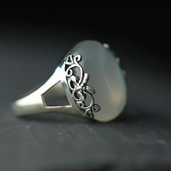 

cluster rings silver original jewelry hand-inlaid white chalcedony carved chinese style retro atmosphere luxury ring, Golden;silver