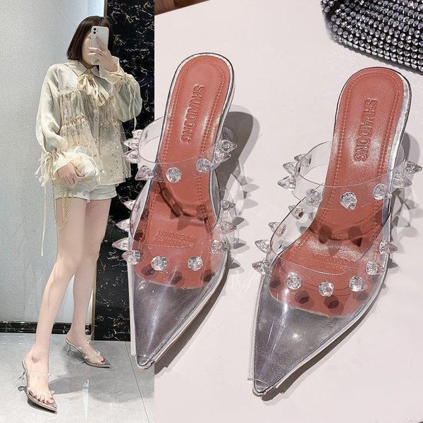 

size 34-42 transparent cup high heel slippers ladies pointed crystal rivets decoration pvc party dress sandals1, Black