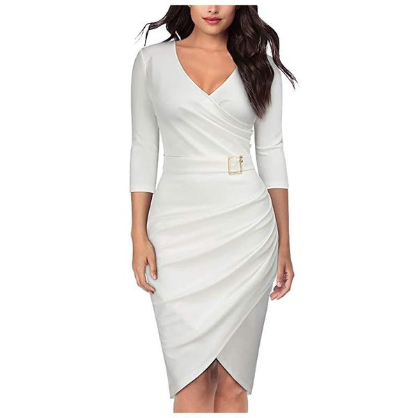 

casual dresses women slim autumn solid color long sleeve v-neck high waist pleated hips-wrapped bodycon pencil sheath dress elegant, Black;gray