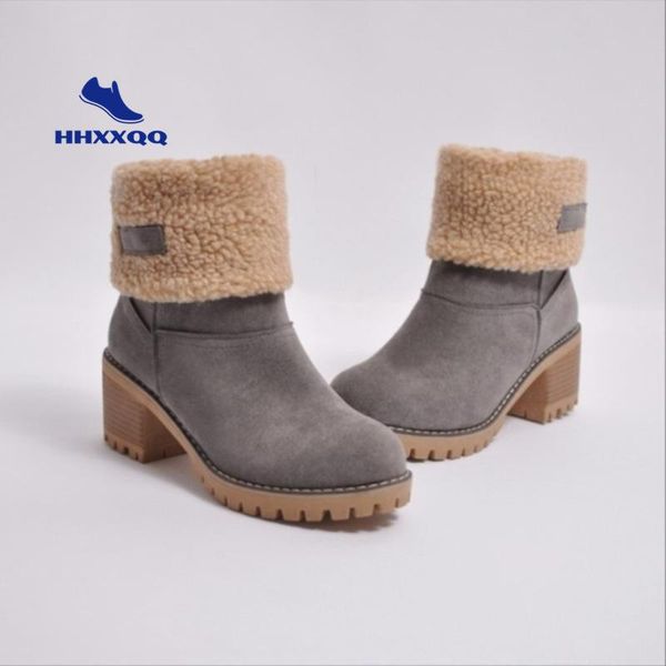 

boots hkxn 2021 winter suede retro snow large size thick heel women's high heels round head lamb wool shoes, Black