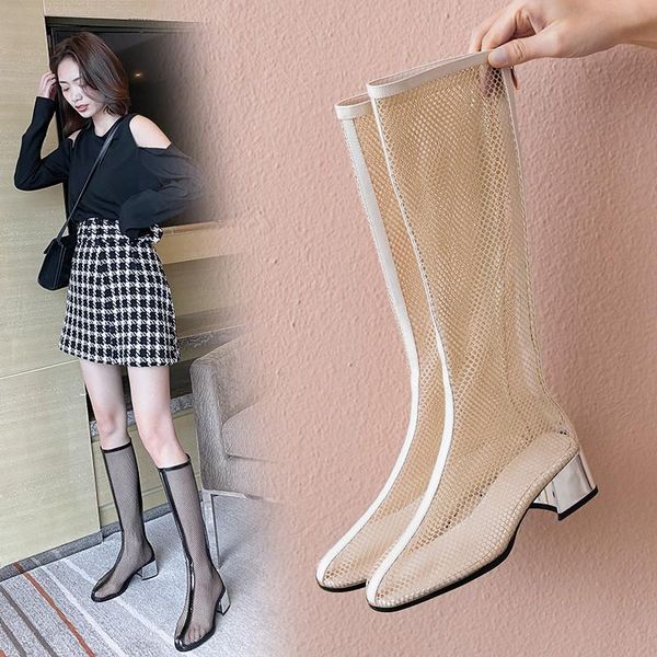 

boots 2021 spring arrival long air mesh summer block heels shoes woman black tall sandal high heel 42 43