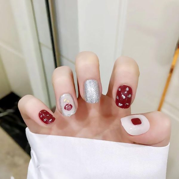 

false nails 24pcs wine red rose wear long paragraph fashion manicure patch save time wearable nail fa, Red;gold
