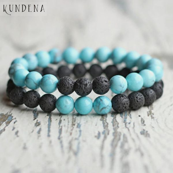 

tennis couple stone bead bracelet set t-urquoise & black lava stretch for men and women, Golden;silver