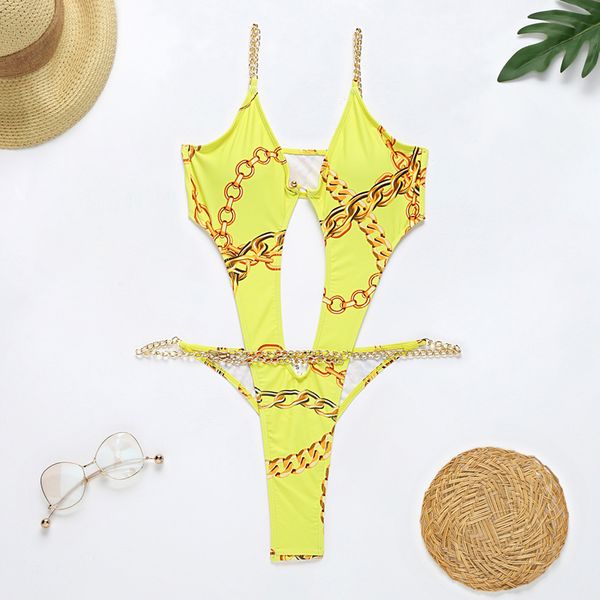 

2021 hollow out one piece swimsuit women chain swimwear print bodysuit backless monokini brazilian bathing suits beach wearswimwear bat