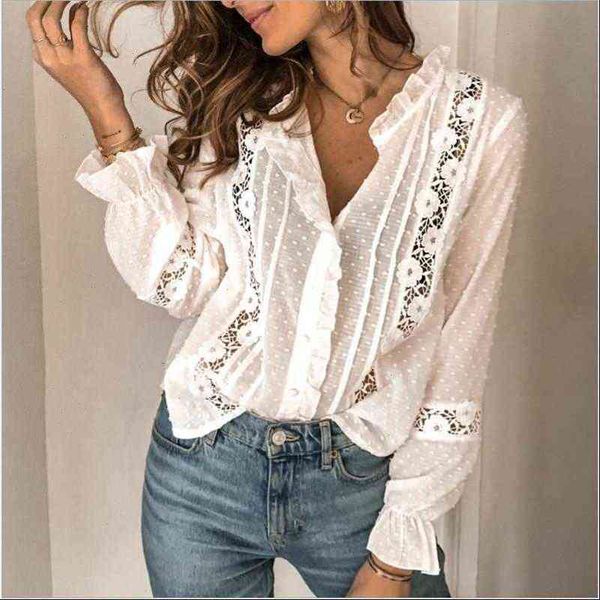 

elegant ruffle hollow out crochet womens shirt flower dots lantern sleeve drop, White