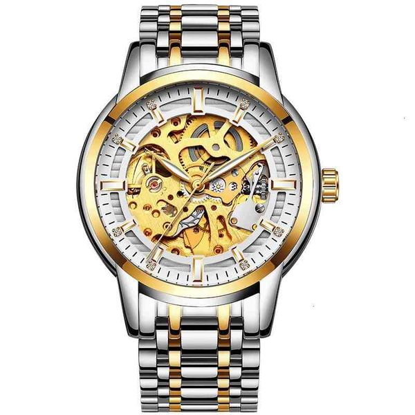 

living luxury gentlemen automatic watches waterproof hollow-out gold leather steel belt men 2021 new design, Slivery;brown