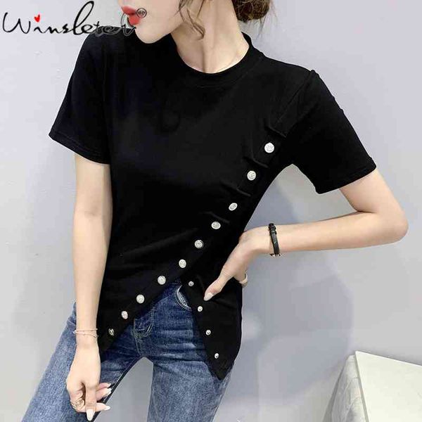 

women's t-shirt summer european clothes cotton fashion irregular button women short sleeve all match casual tees t14001a, White