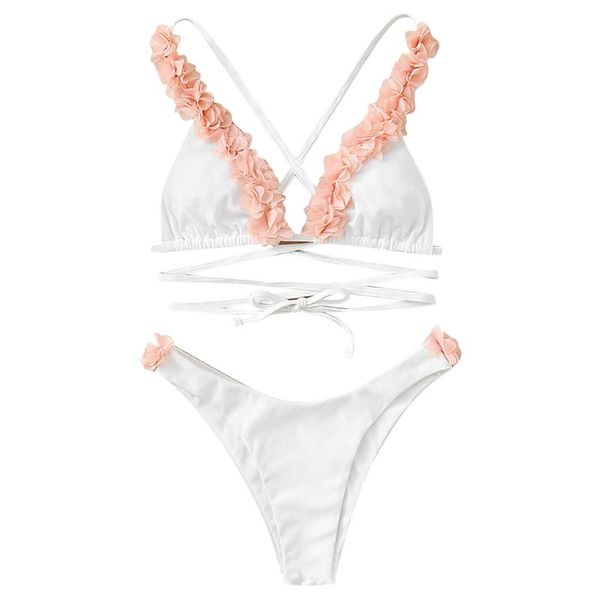

women's swimwear summer split high waist swimsuit petal solid bikini flower decoration halter cross straps, White;black
