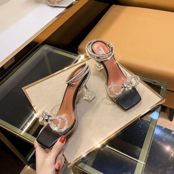 

sandals 2021 luxury crystal heel transparent fashion all-match square toe rhinestone women's shoes buckle heels size34-40, Black