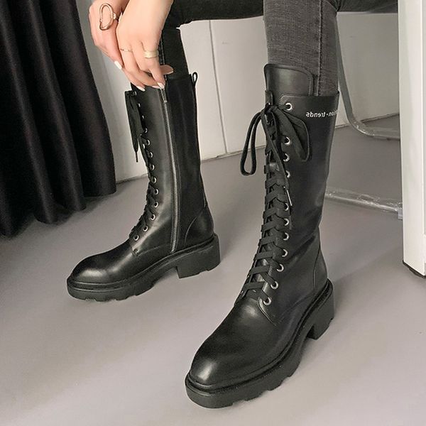 

boots biker boots woman royal leather mid-calf high-heeled shoes lace high heels up to thick black ladies levy