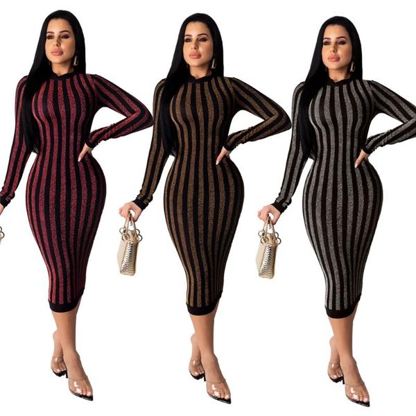 

casual dresses tmustobe bodycon stripes midi dress women autumn skinny party club bright silk elegant long sleeve vestidos zipper outfit, Black;gray