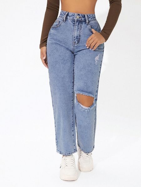 

petite high waist ripped straight leg jeans f1in#, Blue