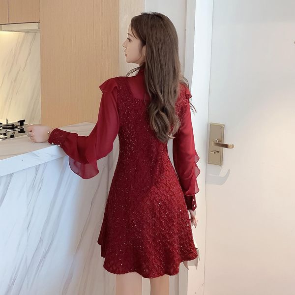 

high female red belt new party long chiffon sleeve around the neck sequins mini dress clothes v3in, Black;gray
