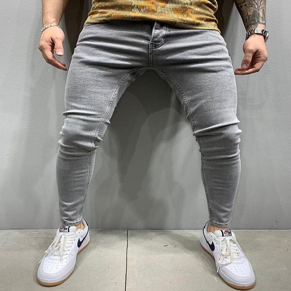 

men's jeans men street youth nice pure color slim denim pants vintageash gray pencil trousers skinny stretch, Blue