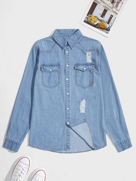 

men ripped denim shirt h2a1#, Blue