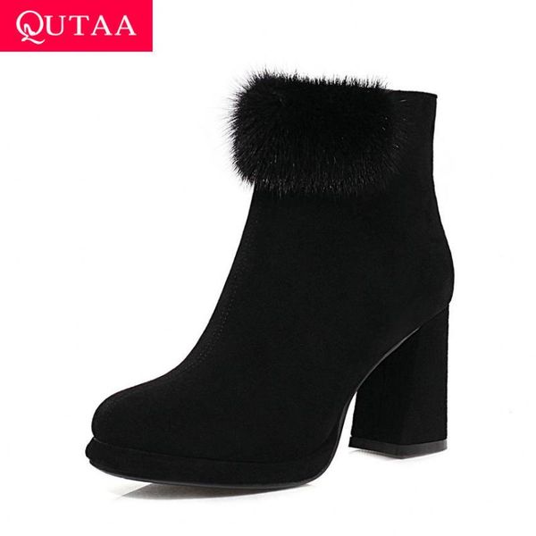 

boots qutaa 2021 ankle scrub square high heel autumn winter women shoes toe platform zipper fashion short size34-43, Black
