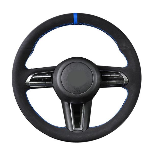 

steering wheel covers black suede blue marker hand stitched diy car cover for cx-30 cx30 2021-2021 3 axela