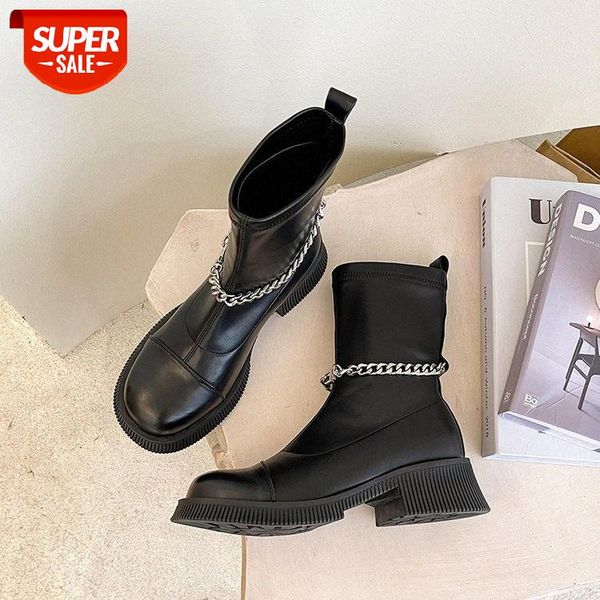 

martin boots women's british style autumn round head thick heel medium tube metal chain thin #nw9l, Black