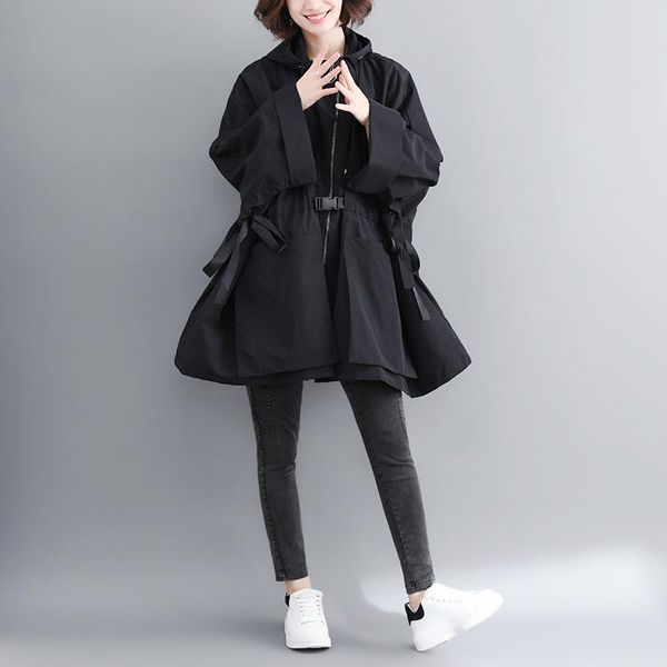 

women's trench coats 2021 spring autumn oversize hooded loose bawting type fashion jacket women zipper pockets coat re2445, Tan;black