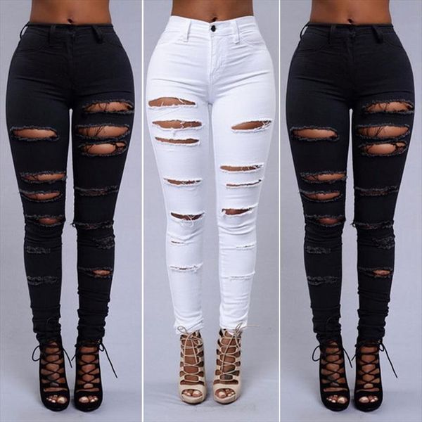 

pencil stretch casual slim denim women capri hole skinny jeans high waist pants trousers, Black;white