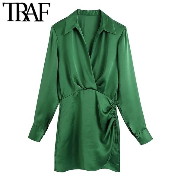 

traf women fashion pleated soft touch wrap mini dress vintage long sleeve side buttons female dresses vestidos mujer 220311, Black;gray