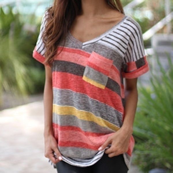 

t-shirt v-neck classics casual loose short mouw comfort clothing women stripes printed nice, White