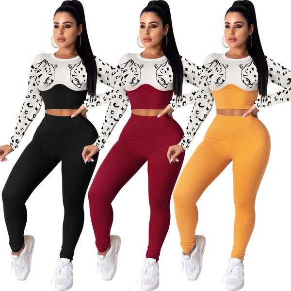 

2021 tiger speckle pattern printting contrast color joint crop t-shirt & pencil trousers women casual suits autumn new arrival 784m, Gray