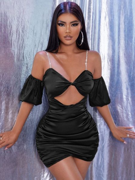 

rhinestone shoulder straps puff sleeve bodycon dress j0b2#, Black;gray