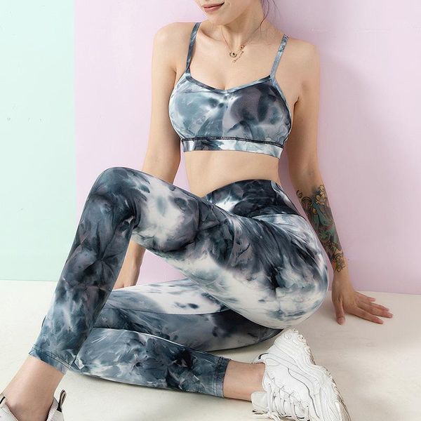 

2pcs/set tie dye fitness women yoga suit high stretchy workout sport set breathable waist sports gym running set1, White;red