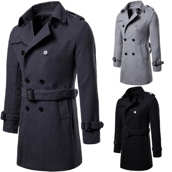 

autumn winter new mens double breasted long overcoats coat clothing men outerwear coats, Black