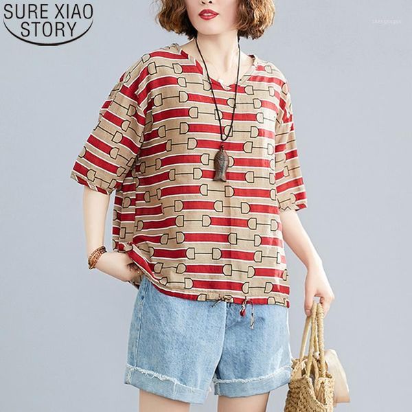 

women fashion 2021 summer stripe v-neck cotton and linen plus size loose casual oversize short sleeve print shirts 9432 women's blouses, White
