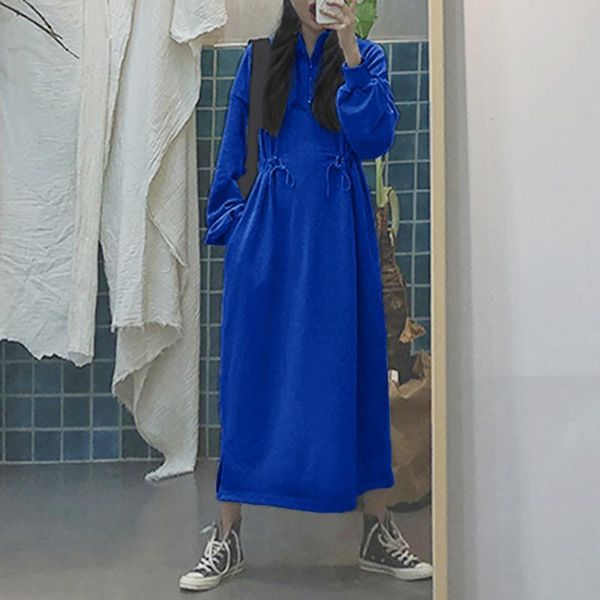 

casual dresses womens drawstring kaftan turtleneck zipper long vestido female solid robe oversize fashion pocket sweatshirt dress, Black;gray