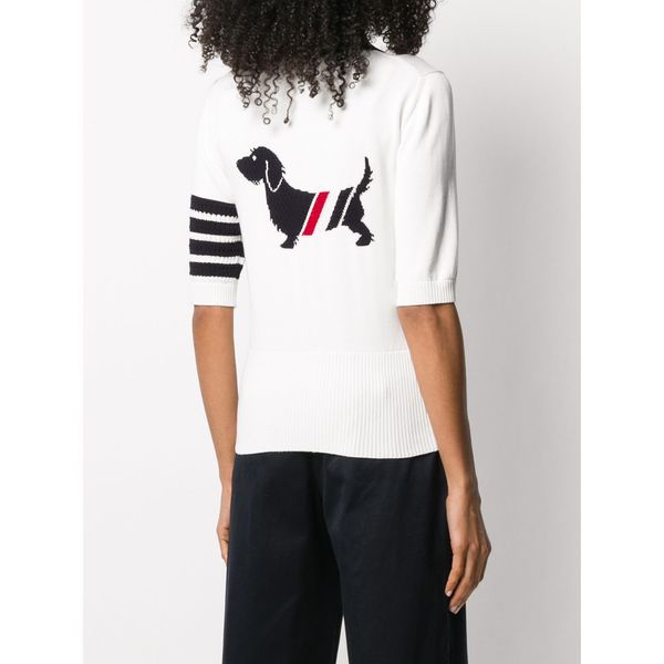 

aging college style women's back dog embroidery jacquard ice silk short sleeve sweater spring and summer 2021 new top, White