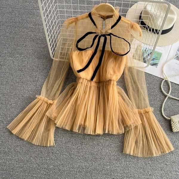 

women's blouses & shirts pleated mesh bow lace-up blouse summer sweet korean clothing ruffles patchwork solid color slim elegant, White