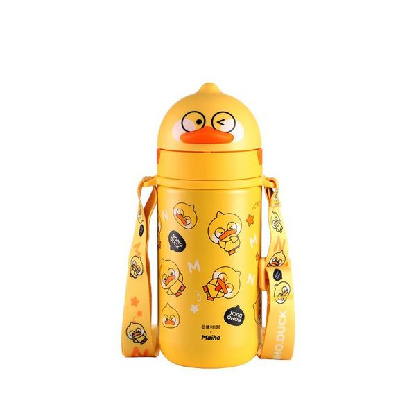 

water bottles portable thermal insulation kawaii girl heart little yellow duck stainless steel student mug with strap and leak-proof straw
