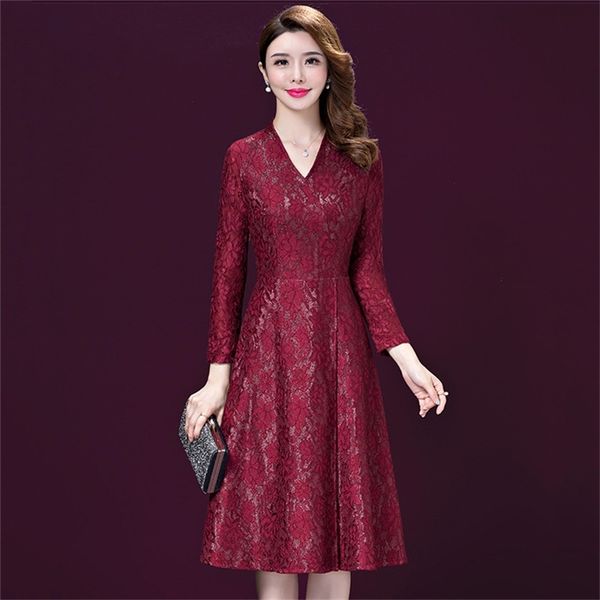 Partykleid Frauen Dunkelrot L-5XL Plus Größe Langarm Spitze es Frühling Koreanische Elegante Mutter Sexy V-Ausschnitt Slim LR107 210531