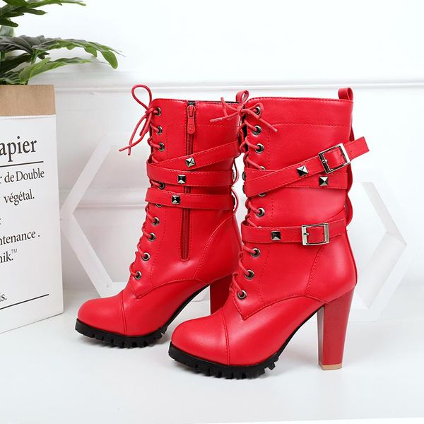 

boots fashion women's lace-up thick heel round head super pu zapatos de mujer, Black