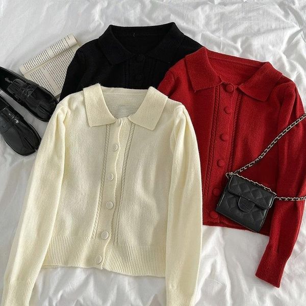 

women's knits & tees long sleeve knitted y2k cardigan button up korea fashion sweet sweater women 2021 autumn and winter pure color la, White
