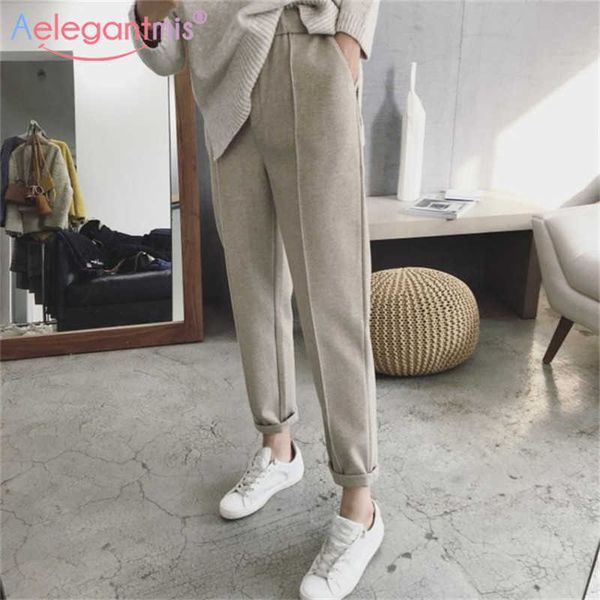 

aelegantmis korean casual loose woolen elastic high waist pants women winter warm office lady straight trousers autumn plus size 210607, Black;white