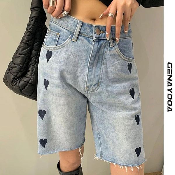 

women's shorts genayooa streetwear denim women print heart chic high waist biker jeans feminino 2021 summer korean style ladies, White;black
